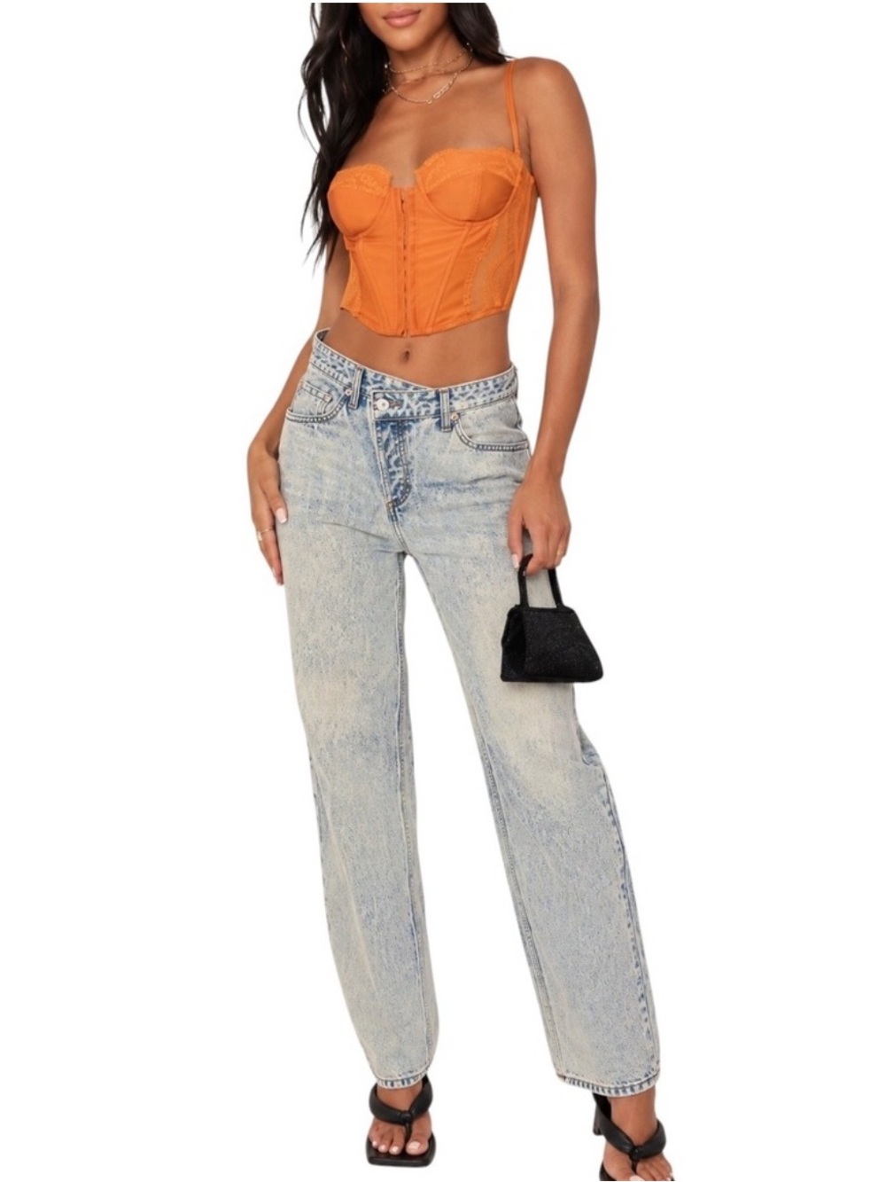 Edikted Asymmetrical Crossover Waist Acid Wash Baggy Boyfriend Jeans